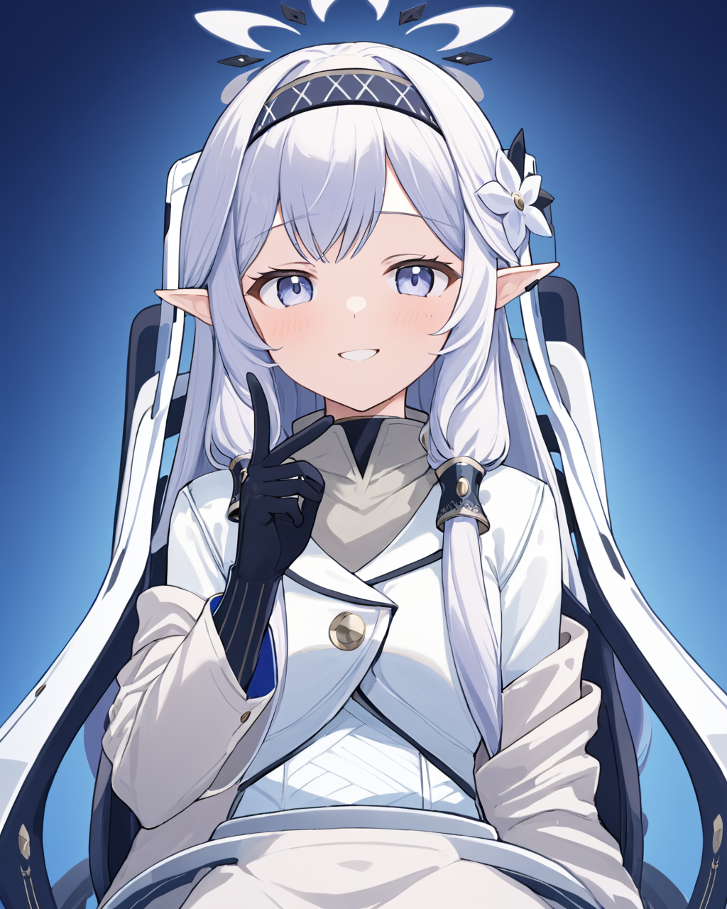 himari \(blue archive\),1girl, solo, black_gloves, hair_flower, halo, upper_body, looking_at_viewer, mole_under_eye, long_sleeves, smile, black_hairband, hair_tubes, wheelchair, white_jacket
<lora:himari_(blue_archive)_image1099_2023-11-27:1>halo. gorgeous,key visual, vibrant, studio anime,award-winning, professional, highly detailed,high budget, cinemascope