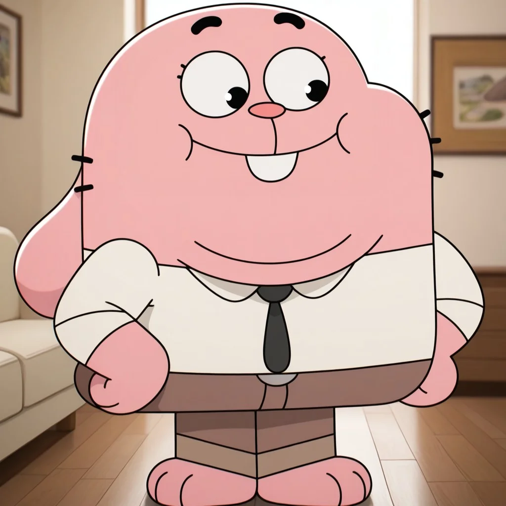 masterpiece, best quality, amazing quality, r1ch4rd, male, furry male, anthro, solo, rabbit, pink fur, black eyes, pink nose, rabbit ears, buck tooth, short whiskers, rabbit tail, double chin, barefoot, fat, white shirt, black tie, brown pants, standing, smiling, happy, hands on hips, indoors, living room