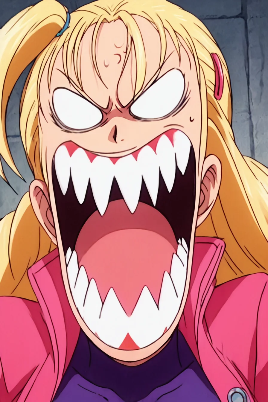 score_9, score_8_up, score_7_up, score_6_up, score_5_up, score_4_up, <lora:Miu_Furinji-000006:0.7> , miu, blonde hair, long hair, mole under right eyes, slim waist, large breast, pink jacket, purple bodysuit, hairclip 1girl, alone, masterpiece, highres, highly detailed face, , <lora:onepiece_funny_face:1>, one_piece_funny_face, angry eyes, sharp teeth, blank eyes, blank eyes, eyes vein lines, open mouth, angry,