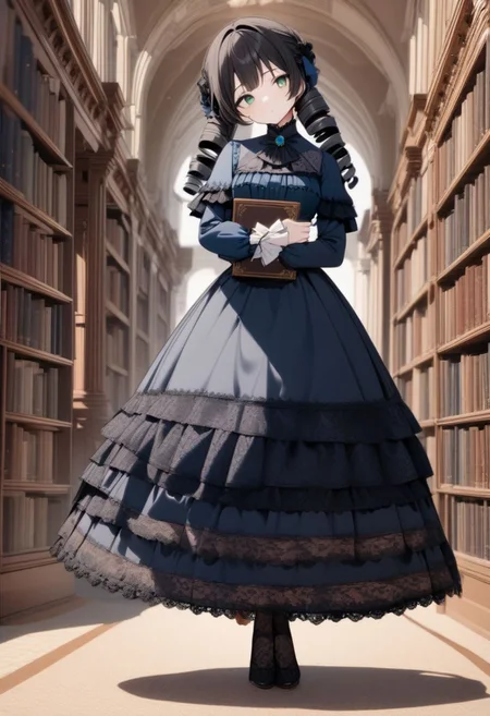 8k, masterpiece, highly detailed,
1girl wearing an blue (victorian dress), <lora:victorian_dress-XL-2.0:1>
black hair, ringlets, green eyes,
full body, head tilt, holding a book, library, black lace