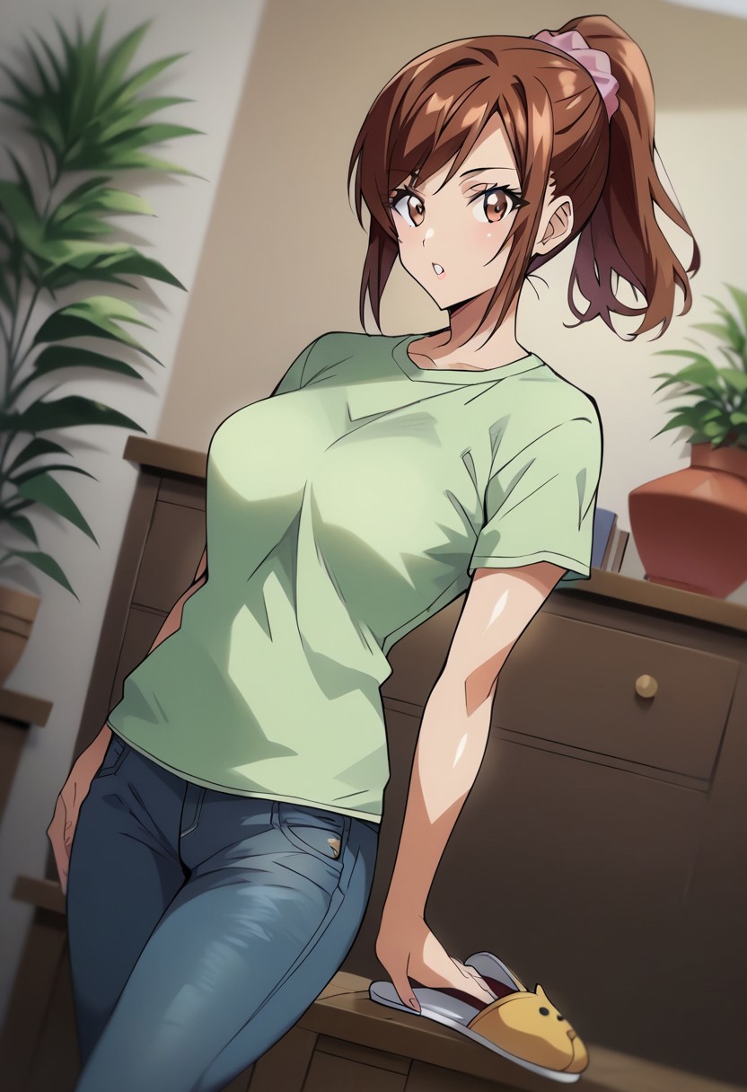 score_9,score_8_up,score_7_up,score_6_up,blurry, blurry background,shiny skin,skindentation,1girl,hisatoa,brown eyes,brown hair,ponytail,green shirt,t-shirt,short sleeves,jeans,denim,hair scrunchie,pink scrunchie,slippers,sexy thighs,upper body,volumetric light,standing,posing,friendly,indoors,living room,cowboy shot,dutch angle