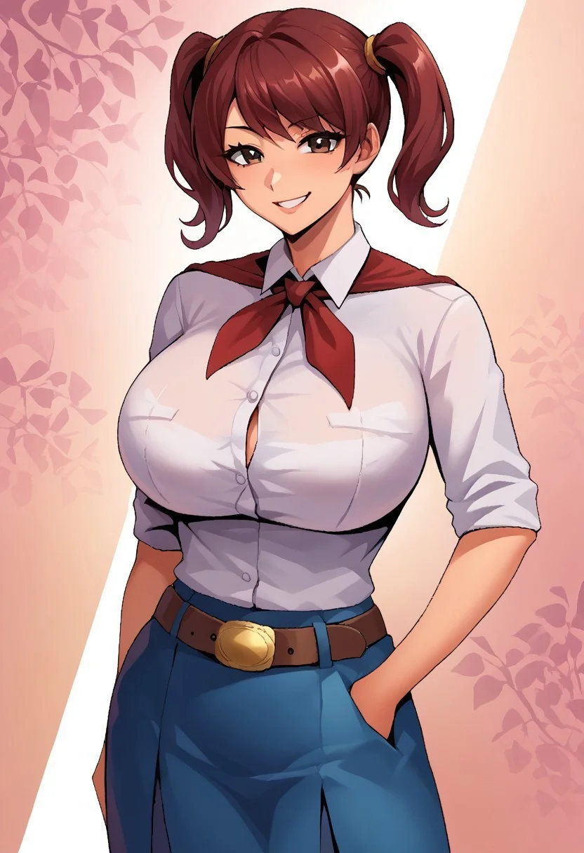 safe_pos, score_9,score_8_up,score_7_up <lora:Expressive_H:1>,expressiveh,source_anime,detailed eyes, beautiful, detailed background, perfect eyes, ,expressive,1 girl,visual novel character,sexy 20 years old girl,solo,<lora:AlicePonyV1_close:0.8>, mi, 1girl, short hair, red hair, two ponytails, shoulder-length ponytails, brown eyes, big breasts, White collared shirt, red neckerchief, blue skirt, belt, smirk, sexy,