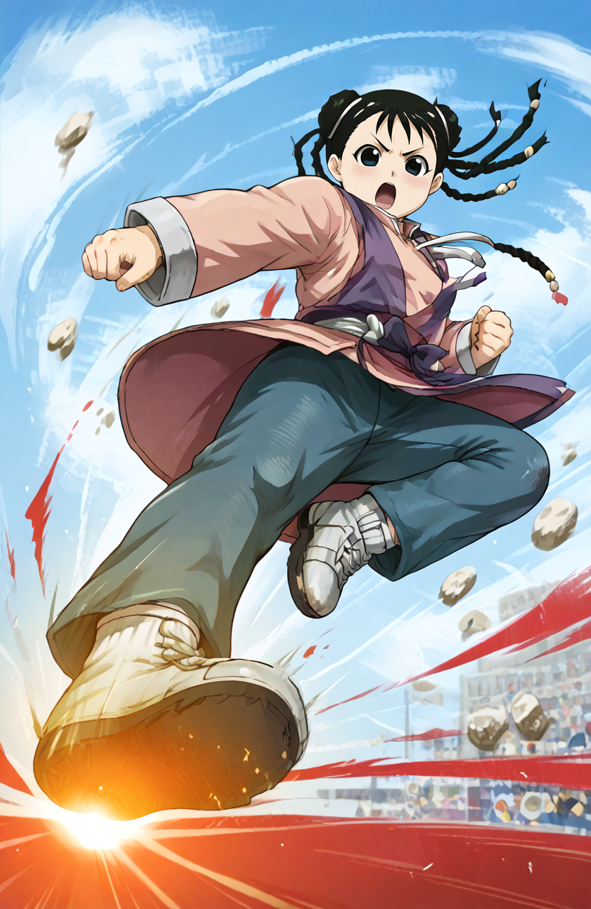<lora:8:1>  score_9, score_8_up, score_7_up, score_6_up, BREAK, source_anime, masterpiece, best quality, zPDXLxx, Detailed background,  
 <lora:fmamei.pony:1> fmamei, xiao <lora:ìì¸_Various kicks - XL pony v1.0:0.8> jumping, foot focus, jumping_kick, kicking, from below,