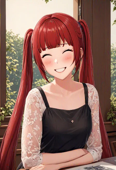 high quality, high detail, 1girl, beautiful girl, joy, happy, laugh, realistic lighting, very detailed drawing, full body,red hair,twin tails