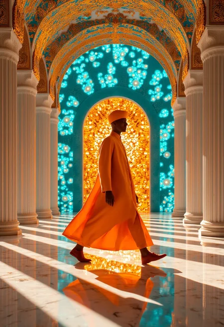 suggesting he is a religious figure or a devout Muslim. His figure is silhouetted against the vibrant, graceful stride from left to right across a highly polished marble floor. The monk is dressed in a bright orange robe, bright orange robe that reaches to her ankles, confident individual standing in front of an ornate, beige caftan, paired with a red turban, Fashion Style Warm. The image is a digital CGI artwork depicting a stunning