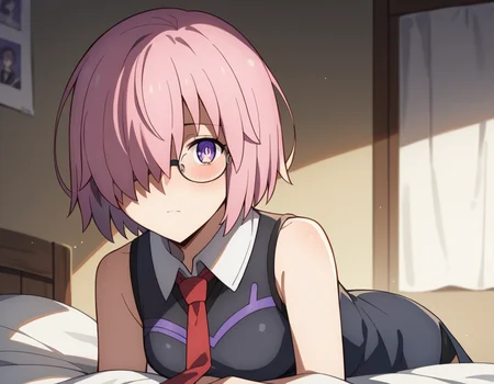 score_9, score_8_up, score_7_up, source_anime,
mashkyrielight, <lora:mash-kyrielight-babylonia-s1-ponyxl-lora-nochekaiser:1>,
mash kyrielight, short hair, purple eyes, pink hair, hair over one eye,
glasses, hood, shirt, collared shirt, white collar, black shirt, necktie, red necktie, sleeveless, off shoulder,
indoors, bed, bed room, on side, blush, drunk,
looking at viewer, cowboy shot, solo, dutch angle,