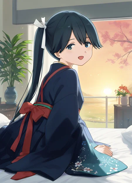 score_9, score_8_up, score_7_up, masterpiece, best quality, absurdres, official art, official style, (anime screencap, megami magazine:1.2), zPDXL2, zPDXLxxx, <lora:Shibafu_Style_Pony_v1:0.8>, 1girl, solo focus, shibafu_style, <lora:houshou.pony:0.8>, houshou, def, blue eyes, black hair, very long hair, side ponytail, hair ribbon, white ribbon, kimono, hakama, <lora:neg4all_bdsqlsz_xl_V91:1.0> <lora:ALTXL_pony_0061_8:2.0>, <lora:detailed_hands-000002:1>, hand, (nude:-1.2), (completely nude:-1.2), bedroom, on bed, bed sheet, evening, sunset, dim lighting, light particles, on stomach, from side open eyes, open mouth, smile, looking at viewer,