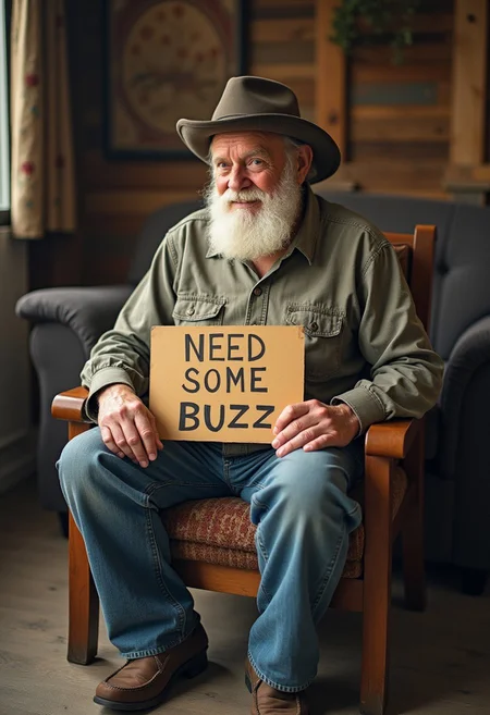 grandpa sat on a chair holding a sign say "need some buzz"