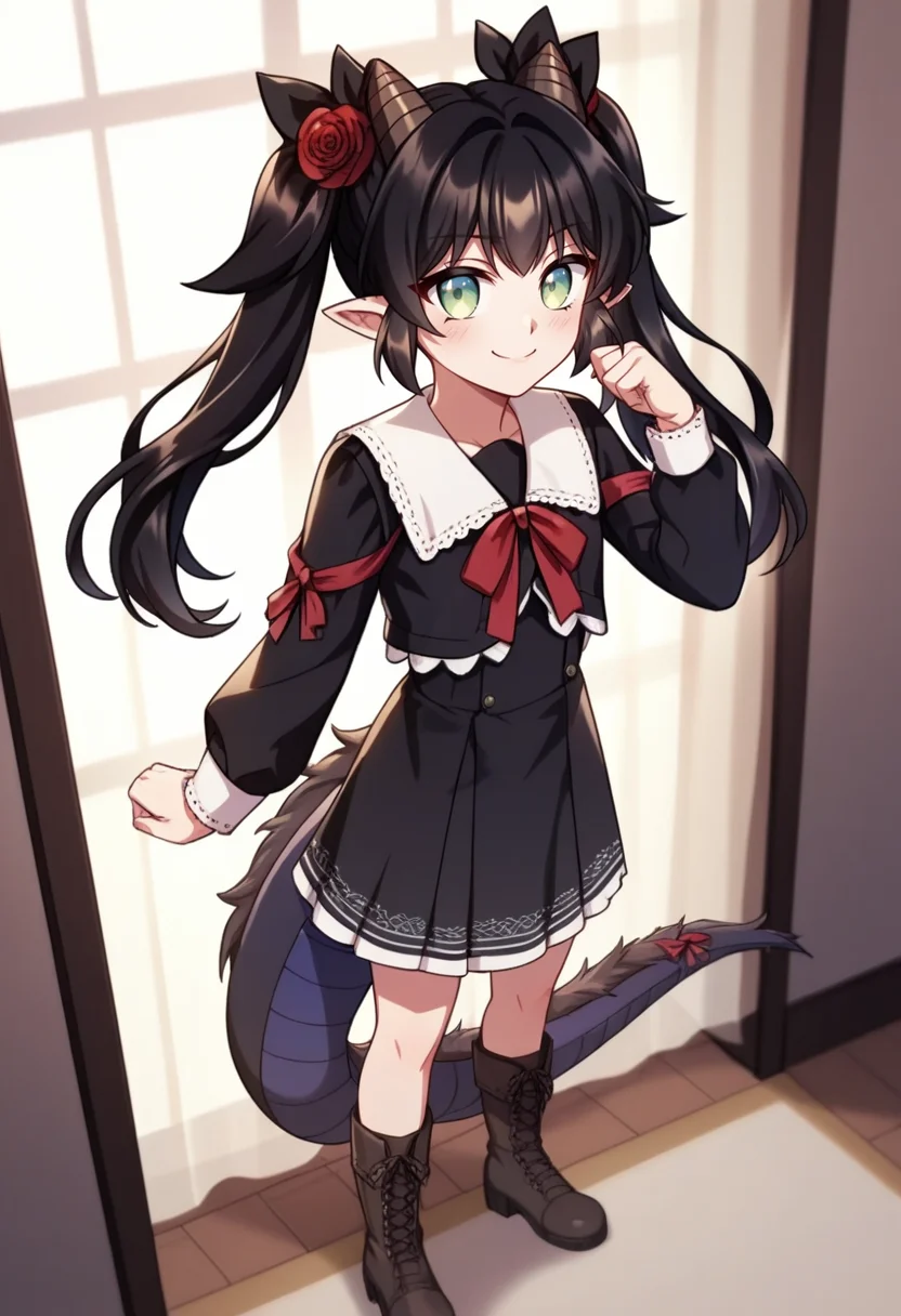 score_9, score_8_up, score_7_up, source_anime,anime screencap, anime coloring,intricate details,rating_explicit, masterpiece, best quality,
(best quality, absurd res, ultra detailed),1girl, ((solo)), good eyes,perfect eyes,,detailed eyes, zPDXLxxx , zPDXL3,detailed, detailed face, <lora:add-detail-xl:3>,
BREAK
<lora:regressor_manual:0.8>, regressor_manual, Dialuria, green eyes, black hair, twintails, hair ornament, hair flower, pointy ears, horns, dragon tail, black dress, long sleeves, boots,
BREAK
solo, indoors, standing, pew,
smirk,