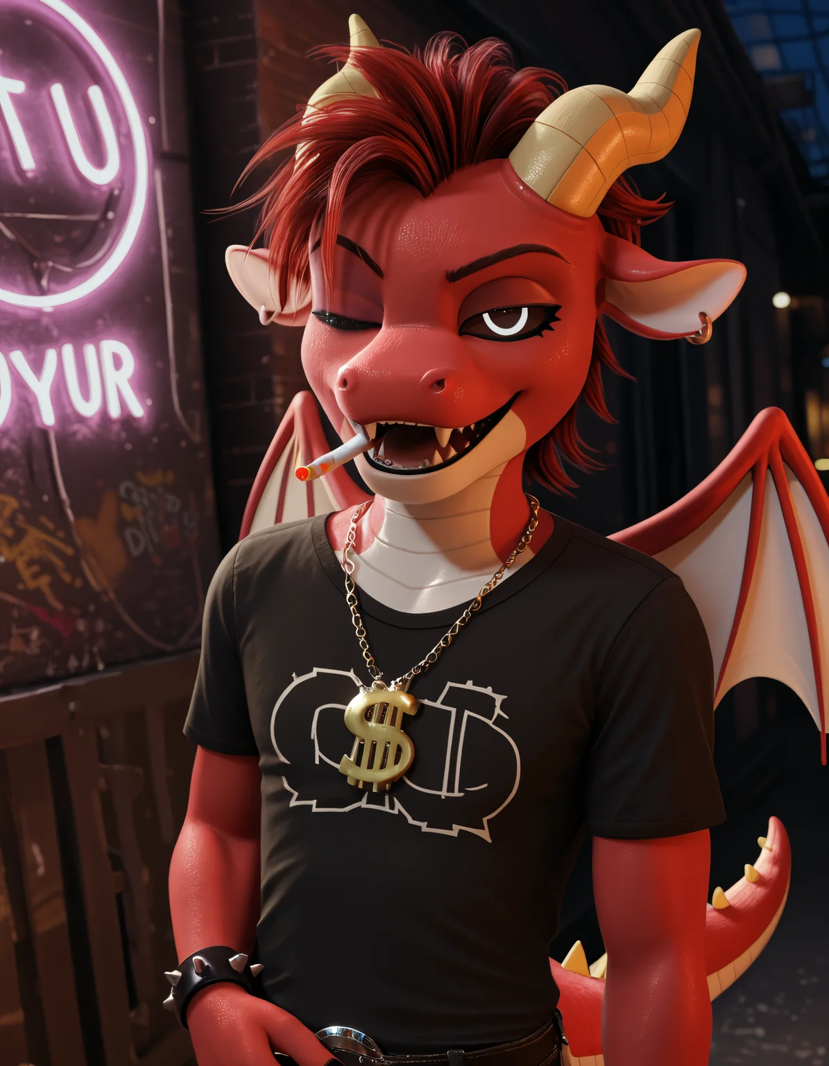 score_9, score_8_up, score_7_up BREAK source_furry, rating_safe, SSAO, detailed, detailed shadows, ambient occlusion, cinematic lighting, particles, graffiti, ray tracing, reflections, decals, masterpiece, best quality, ultra realistic, detailed eyes, 4k, 2k, film photography, RAW photo, photorealistic, analog style, subsurface scattering, photorealism, <lora:add-detail-xl:3.0>, <lora:sinfully_stylish_SDXL.safetensors:1.0>, <lora:AdvancedEnhancerXLv2.safetensors:1.0>, dutch angle, detailed eyes, (detailed background:1.2), anthro, <lora:Simon_Smoke_Poppy_Playtime.safetensors:0.9>, s1mon_sm0ke, 1boy, male, young, cute, dragon, scalie, horns, wings, solo, colored sclera, tail, open mouth, fangs, no humans, upper body, dollar sign necklace, looking at viewer, red hair, black sclera, white eyes, white pupil, subway background, leather anklets with metal spikes, metal bands, punk, clothed, outdoor, gothic style, goth, smoking, smug, (nightclub, nightclub background, neon lights:1.1), (from above, carrying over shoulder, one eye closed (winking):1.15)