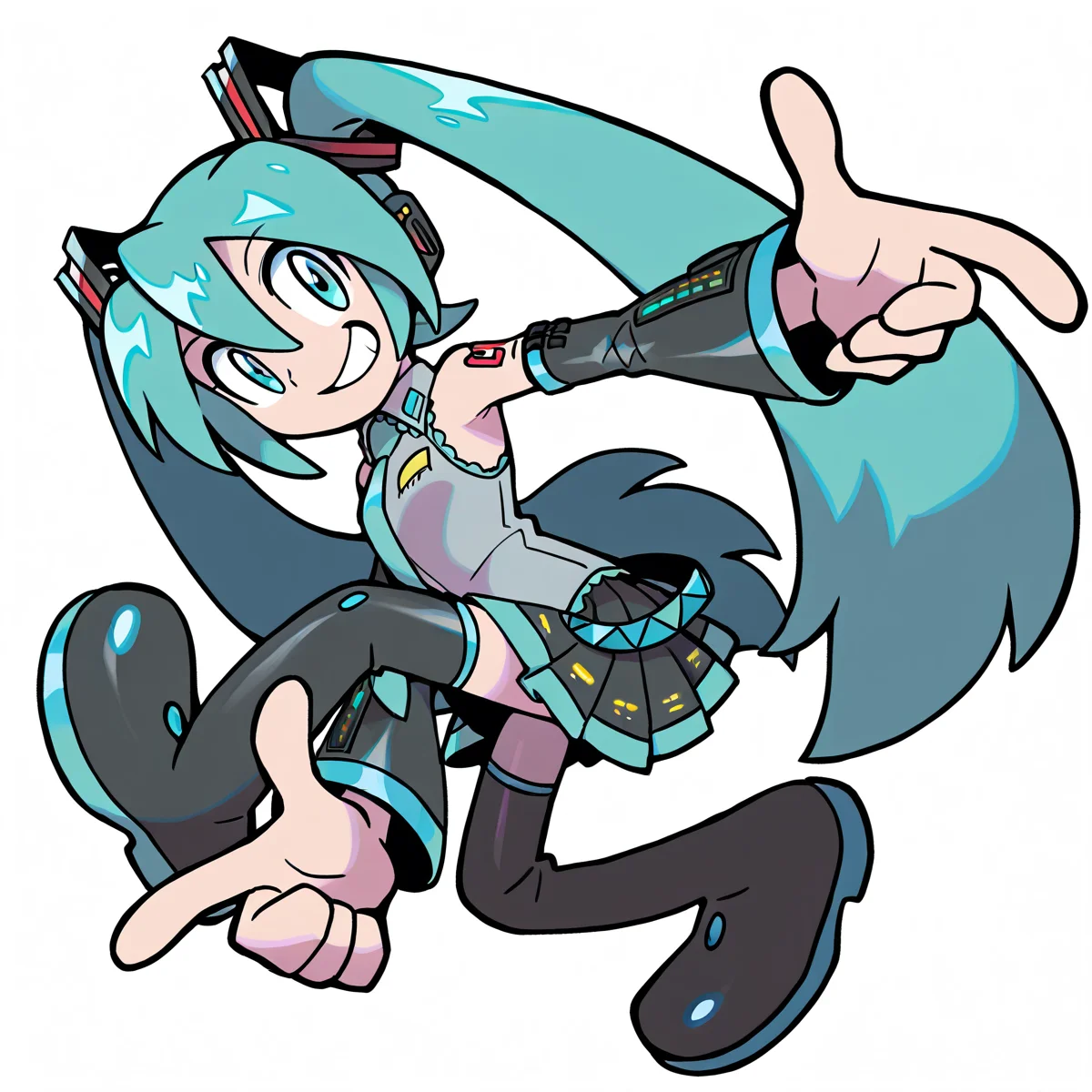 <lora:Sonic_Adventure_Pose_Illustrious-000009:1.1> masterpiece, absurdres, highres, 4k, by Makoto Shinkai, by Hioshiru, by Rumiko Takahashi, by Ken Sugimori, 1girl, hatsune miku, long sleeves, bare shoulders, skirt, thighhighs, sonic adventure pose, jumping, looking at viewer, grin, teeth, full body, simple background, white background