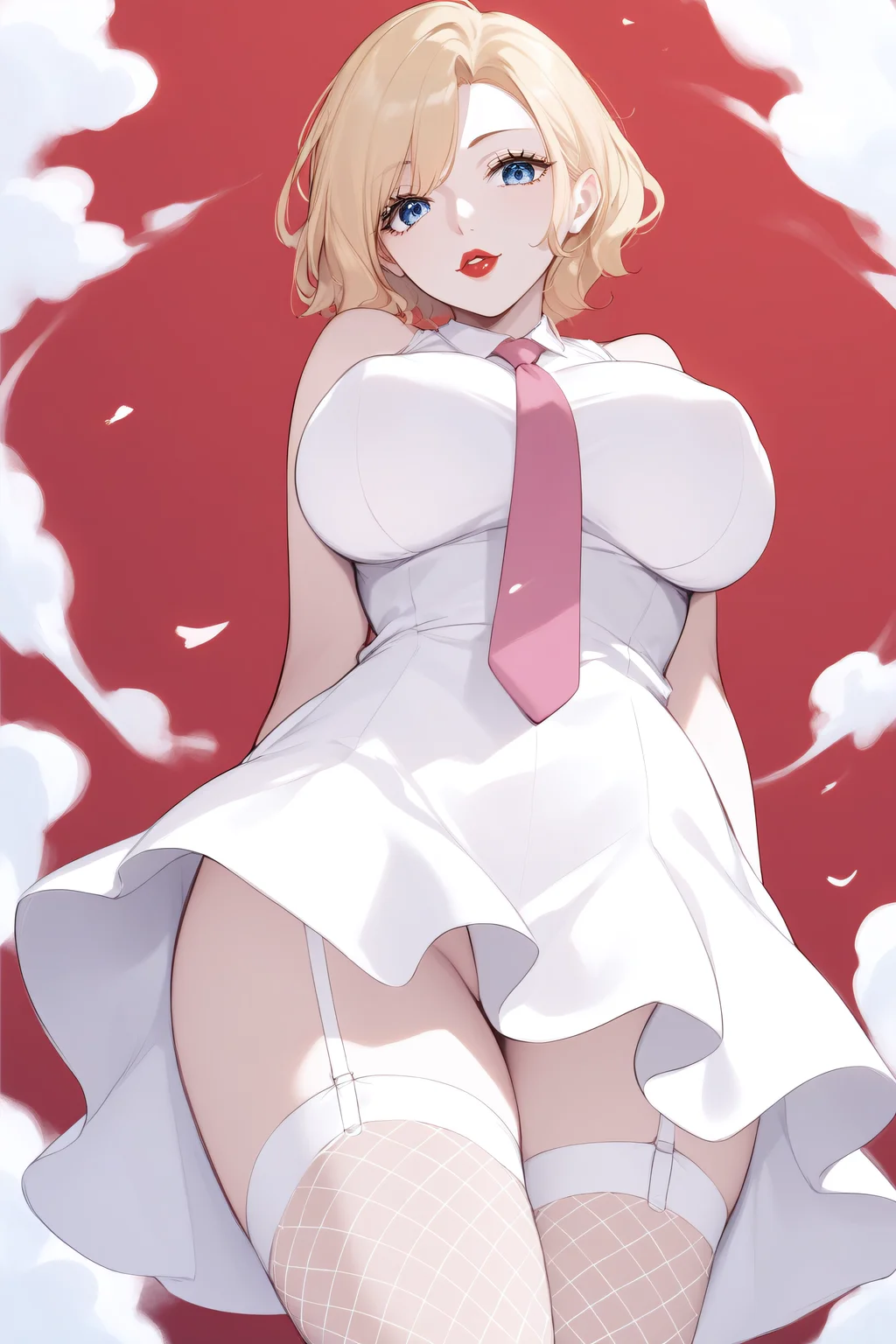 score_9, score_8_up, score_7_up, BREAK source_anime, <lora:Stussy-PonyXL-lora-Faxtron:0.8> stussy, blue eyes, blonde hair, short hair, lipstick, large breasts, white dress, sleeveless, pink necktie, garter straps, white gloves, fishnet white thighhighs,