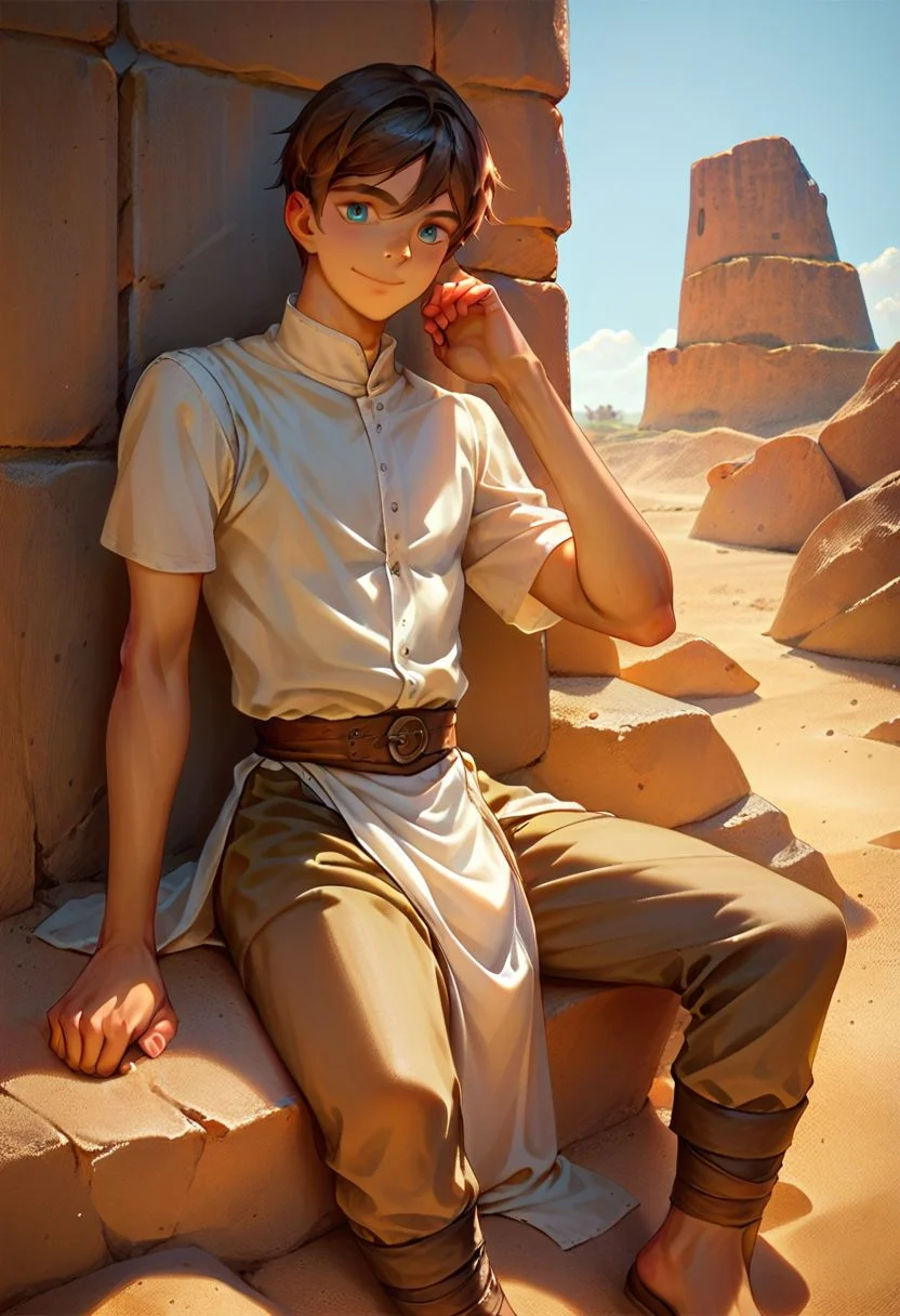 score_9, score_8_up, score_8_up, 1boy, handsome twink, (slim:1.2), masterpiece, brown hair, cyan eyes, medieval clothing, medieval pants, medieval shirt, detailed cloth clothing, detailed background, flat desert background, sandy desert, sitting on rock, seto, neutral expression, light smile, light tan
