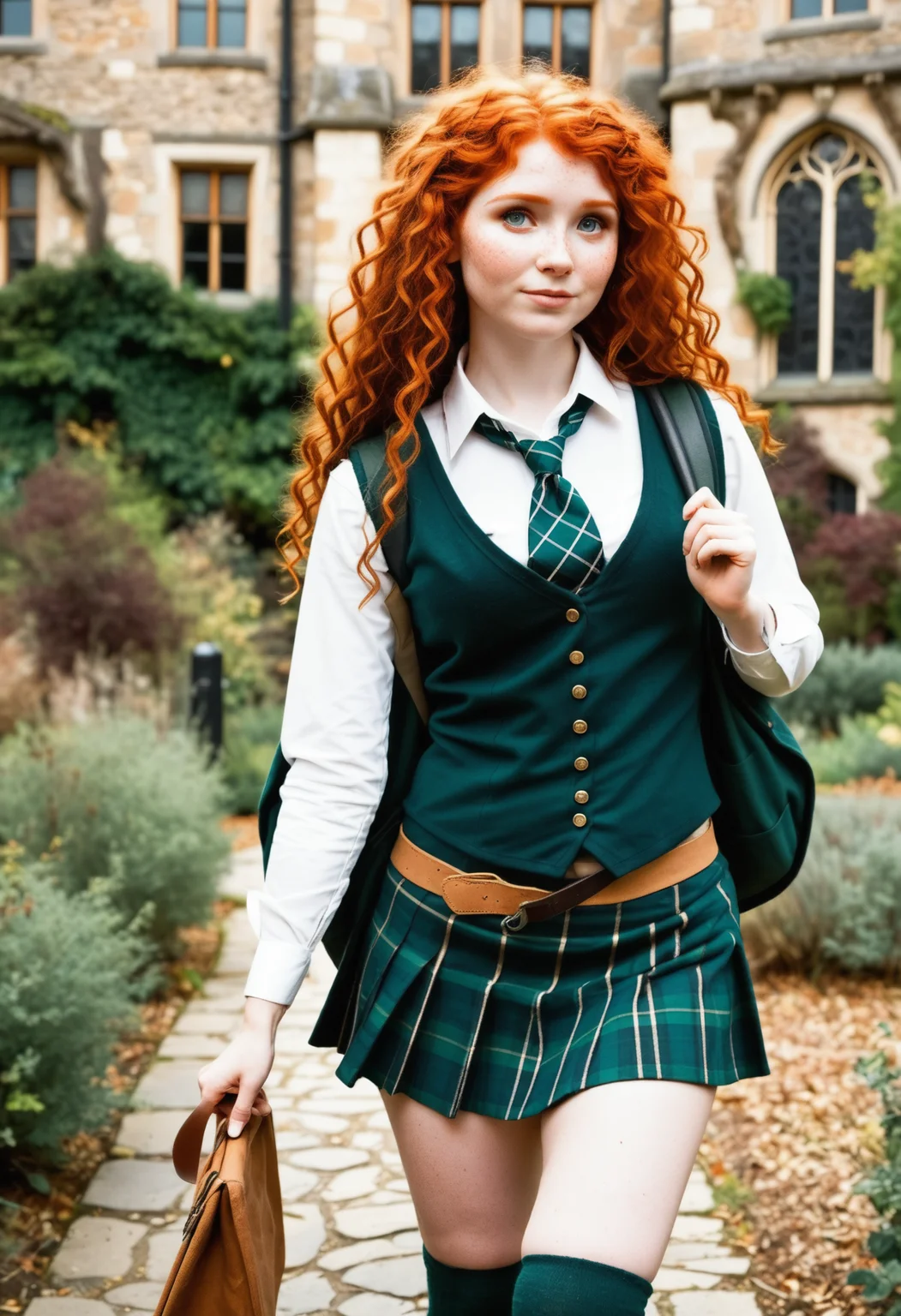 MeridaXLP,freckles,((cleavage)), wavy hair , A high resolution professional cosplay photograph of Merida, the fiery-haired Disney princess from Brave, dressed in a modern schoolgirl outfit. She has her signature wild, curly red hair cascading down her shoulders, with a few strands playfully framing her freckled face. Her emerald green eyes shine with mischief and determination. She wears a stylish school uniform consisting of a white button-up shirt, a plaid skirt in shades of green and navy, a fitted blazer with gold buttons, knee-high socks, and polished black shoes. A loosely tied tie hangs around her neck, giving her a rebellious yet charming look. She stands confidently, perhaps adjusting her backpack strap or holding a book, with a smirk that hints at her adventurous spirit. The background is softly blurred, depicting a grand old-school building with stone walls and ivy creeping up the sides, adding to the academic yet whimsical atmosphere.