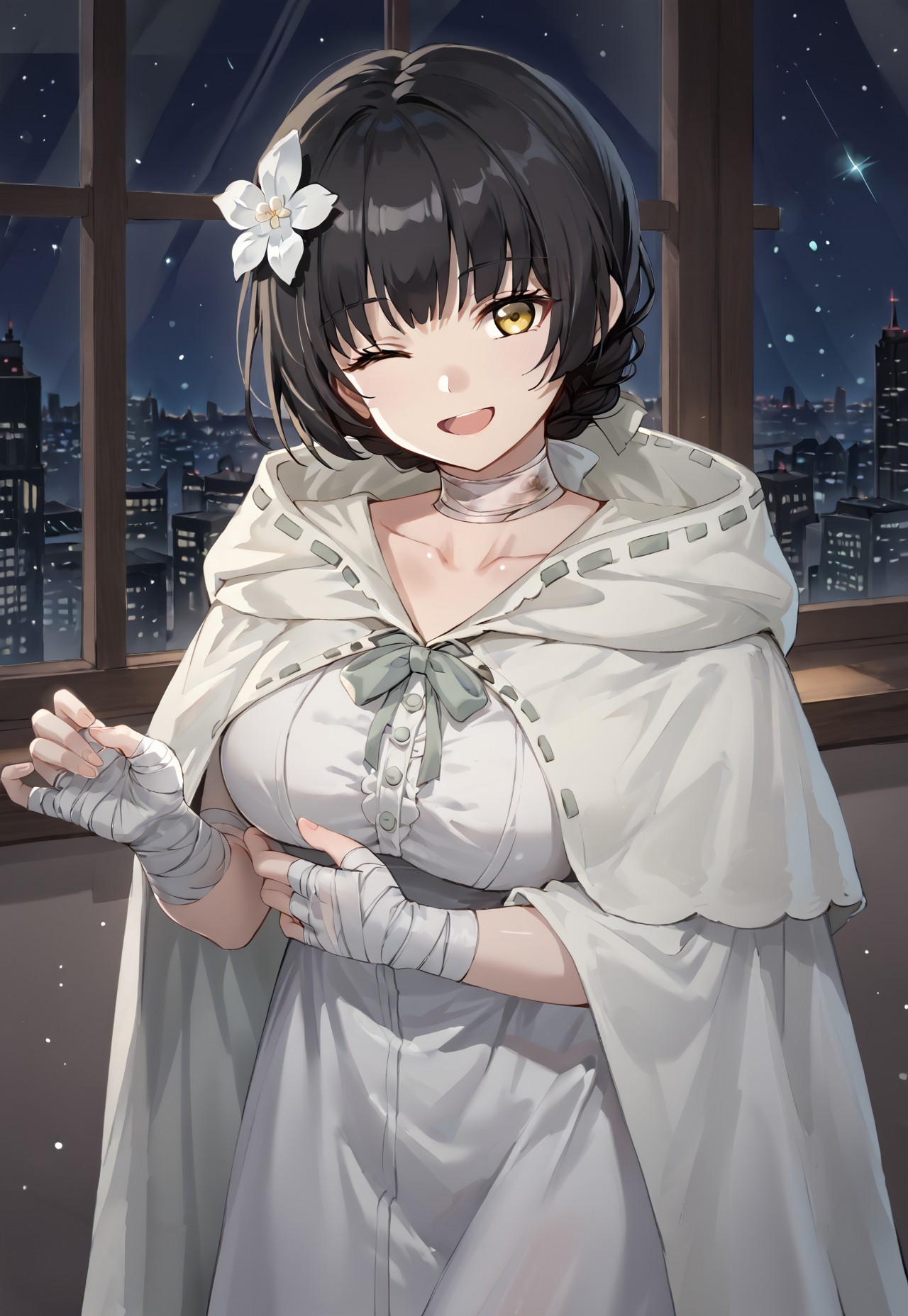 MachlianHood, black hair, short hair, hair ornament, hair flower, bangs, bandaged arm, bandaged neck, bandaged hand, yellow eyes, white flower, hooded capelet, white dress, hood, large breasts, collarbone, white capelet, white cloak, braid,

looking at viewer, head tilt, smile, open mouth, one eye closed, 

window, city, cityscape, dark, night, night sky, 

1girl, solo, solo focus, highres, absurdres, light particles, shade, lens flare, shiny skin, fine fabric emphasis,