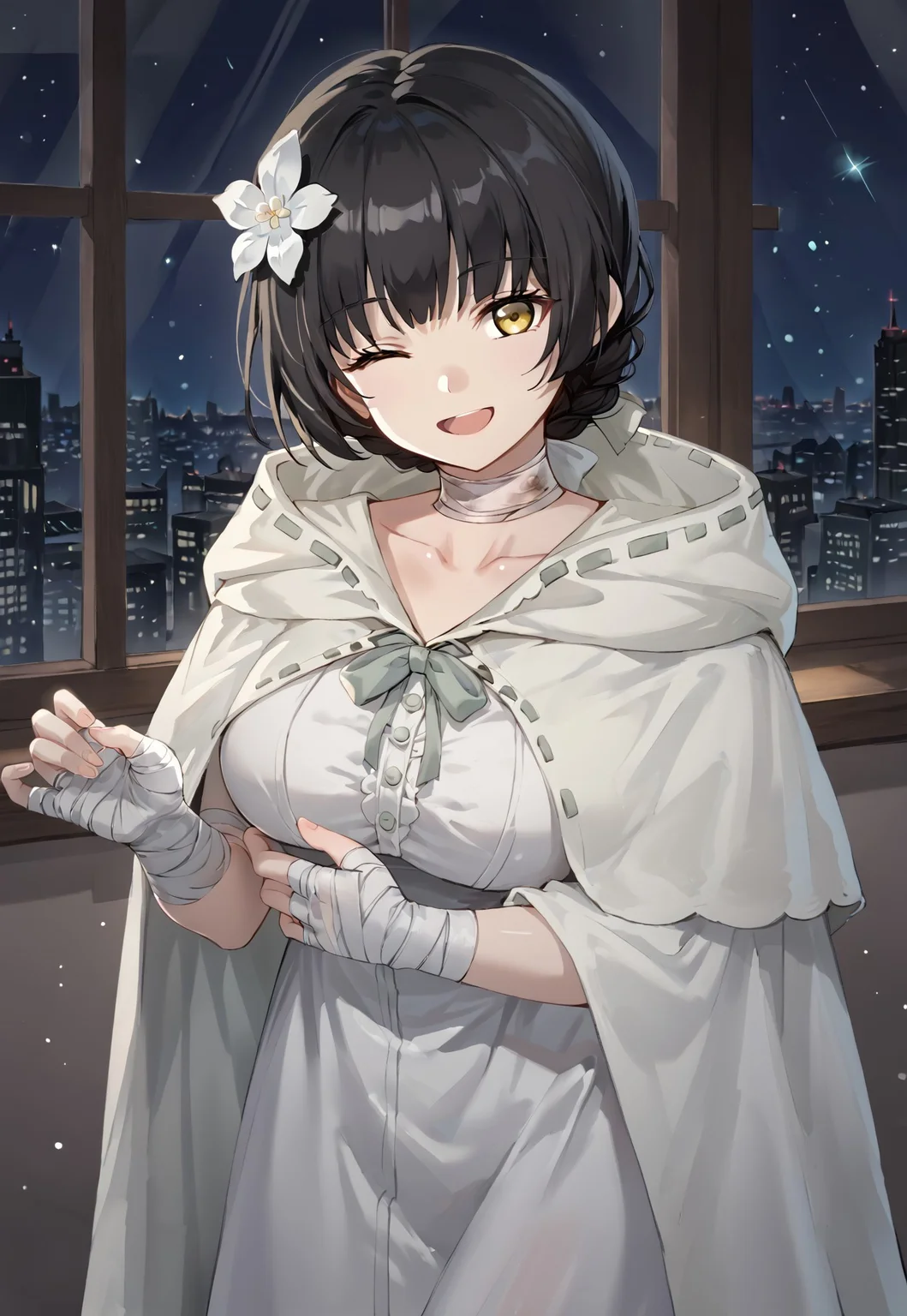 MachlianHood, black hair, short hair, hair ornament, hair flower, bangs, bandaged arm, bandaged neck, bandaged hand, yellow eyes, white flower, hooded capelet, white dress, hood, large breasts, collarbone, white capelet, white cloak, braid,
looking at viewer, head tilt, smile, open mouth, one eye closed,
window, city, cityscape, dark, night, night sky,
1girl, solo, solo focus, highres, absurdres, light particles, shade, lens flare, shiny skin, fine fabric emphasis,