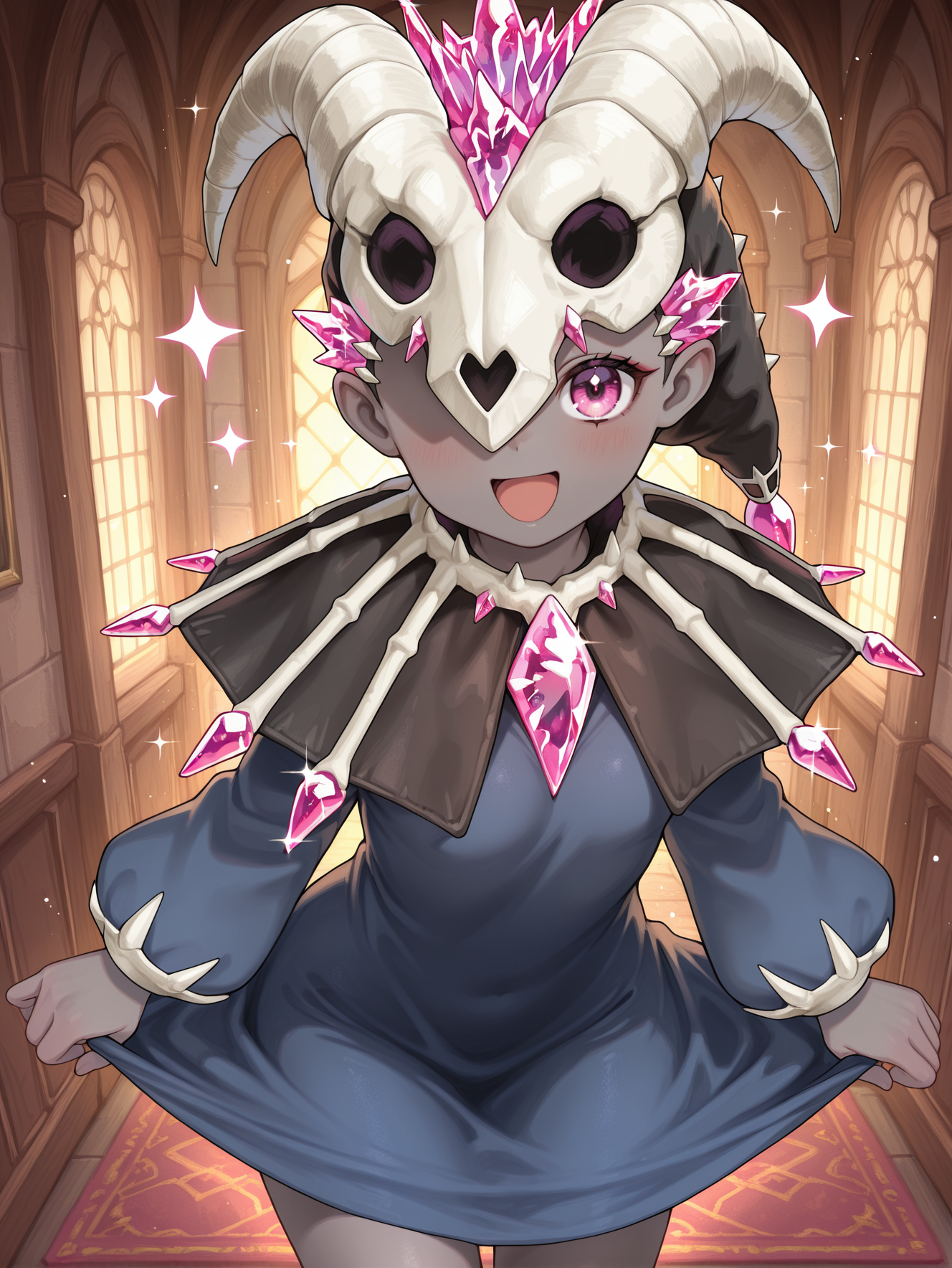 mementotlan mace, 1girl, solo, open mouth, smile, pink crystal, gem, dress pull, looking at viewer, :d, sparkle, cowboy shot, grey skin, blue dress, animal skull mask, black capelet, one eye covered, indoors, 
masterpiece,best quality,amazing quality,very aesthetic,absurdres,newest,<lora:Mementotlan Angwitch & Mace illusXL v1.1:0.75>,