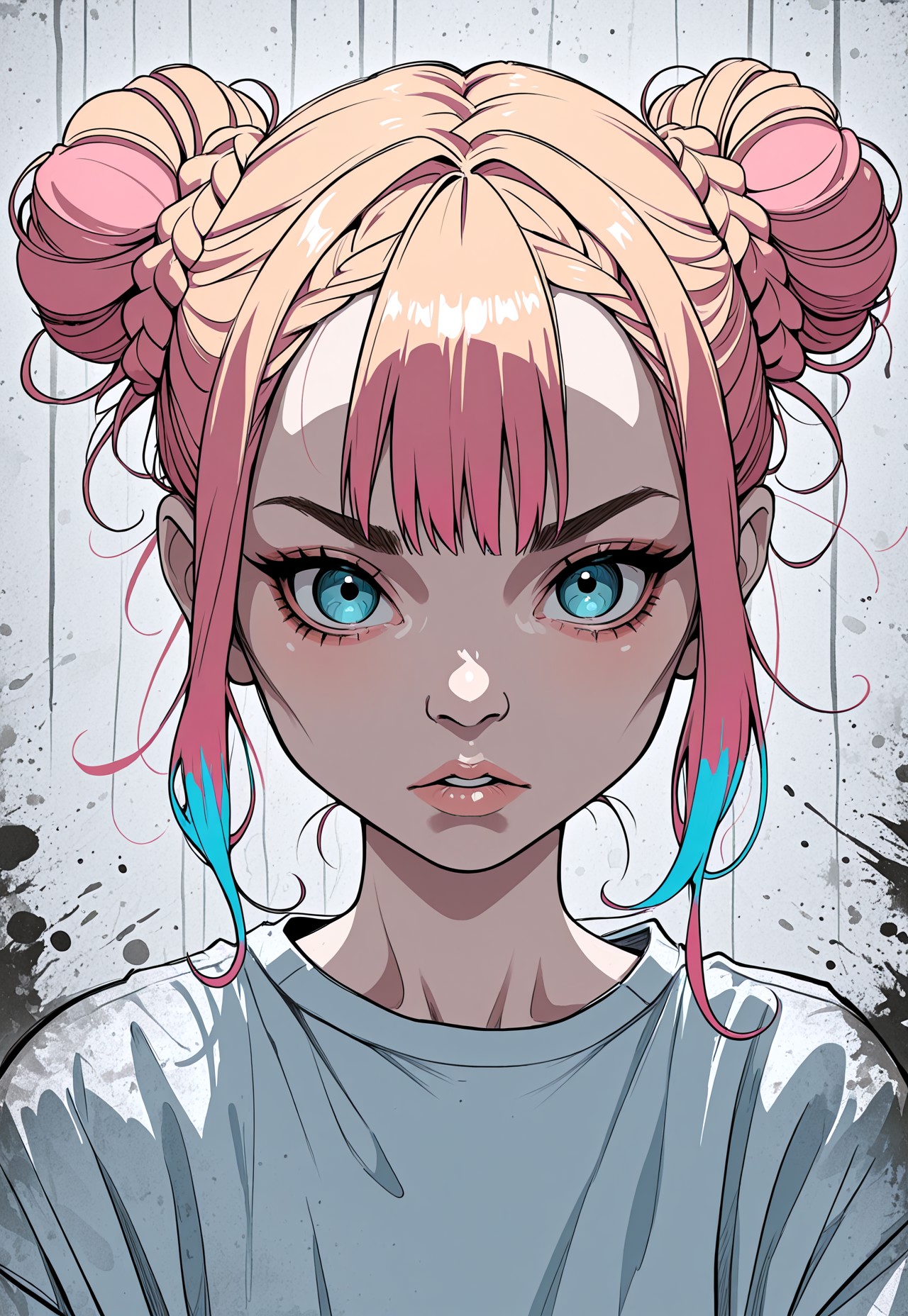 masterpiece, best quality, 1nkPnk, solo, 1girl, braid, hair bun, double bun, multicolored hair, looking at viewer, rough sketch, messy, comic art style, ink splatter, portrait, shirt, 