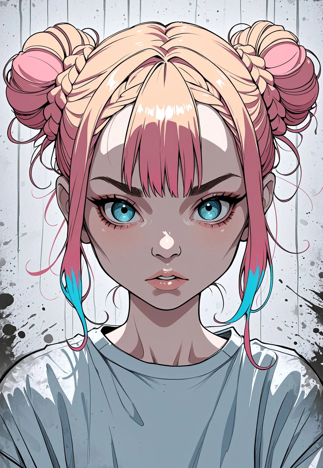 masterpiece, best quality, 1nkPnk, solo, 1girl, braid, hair bun, double bun, multicolored hair, looking at viewer, rough sketch, messy, comic art style, ink splatter, portrait, shirt,