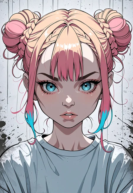 masterpiece, best quality, 1nkPnk, solo, 1girl, braid, hair bun, double bun, multicolored hair, looking at viewer, rough sketch, messy, comic art style, ink splatter, portrait, shirt,