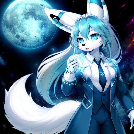 (masterpiece, 4k, high quality, studio quality, detailed, insanely detailed, extreme detail, refined detail, perfect detail, max detail,) Umbreon, ((((((((((white fur,)))))))))) (white umbreon tail with dark blue ring,) male, anthro, muscular body, (((long flowing cyan hair,))) (cyan eyes,) (dark blue cresent moon symbol on forehead,) (white umbreon ears with dark blue rings,) (dark blue suit and tie made of starlight,) white trench coat, white combat boots, dark blue fingerless gloves, neutral expression, standing, solo, SyFyEye1, moon, space, nebulas in background