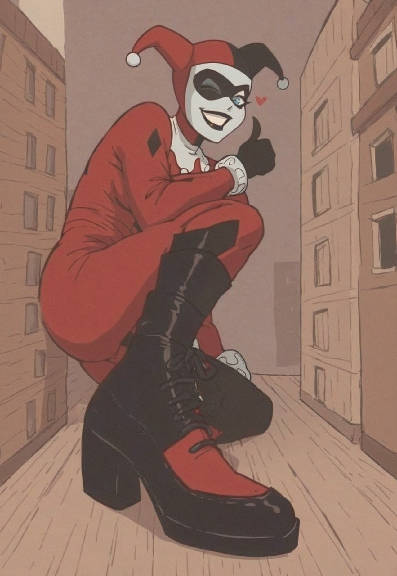 score_9, score_8_up, score_7_up, hud_sh03_sh0w, foreshortening, looking at viewer, boots, 1girl, jester cap, black mask, pale white skin, black lips, white collar, har1992, black and red suit, blue eyes without pupils, smile, wink, heart, thumbs up, <lora:Harley:0.8>