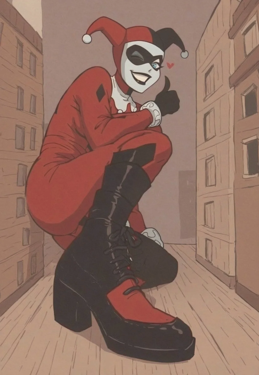 score_9, score_8_up, score_7_up, hud_sh03_sh0w, foreshortening, looking at viewer, boots, 1girl, jester cap, black mask, pale white skin, black lips, white collar, har1992, black and red suit, blue eyes without pupils, smile, wink, heart, thumbs up, <lora:Harley:0.8>