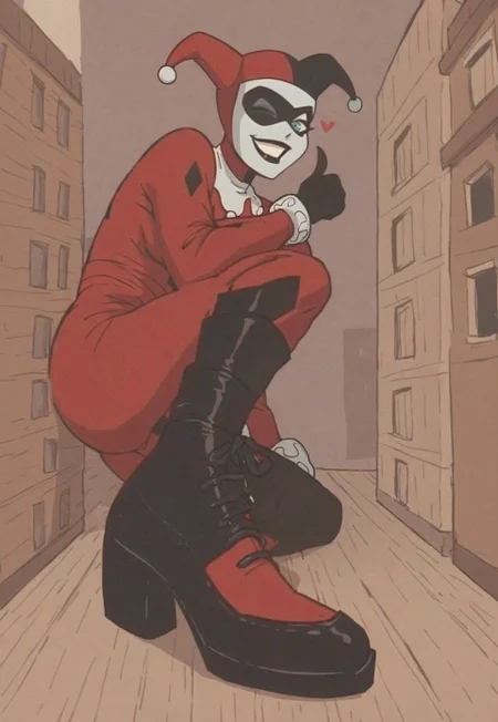 score_9, score_8_up, score_7_up, hud_sh03_sh0w, foreshortening, looking at viewer, boots, 1girl, jester cap, black mask, pale white skin, black lips, white collar, har1992, black and red suit, blue eyes without pupils, smile, wink, heart, thumbs up, <lora:Harley:0.8>