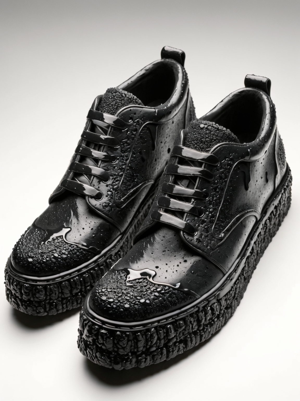 <lora:Fresh_Tarmac_SXDL:1> A pair of shoes made of black ais-tarmac