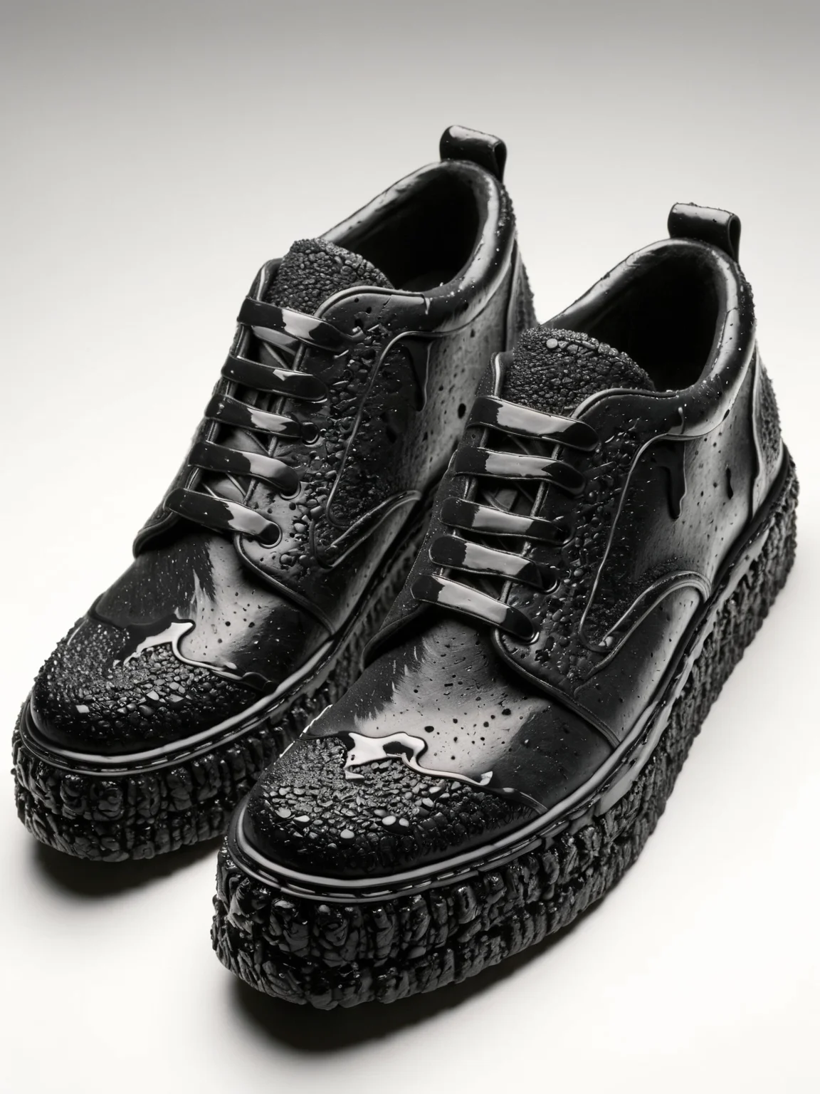<lora:Fresh_Tarmac_SXDL:1> A pair of shoes made of black ais-tarmac