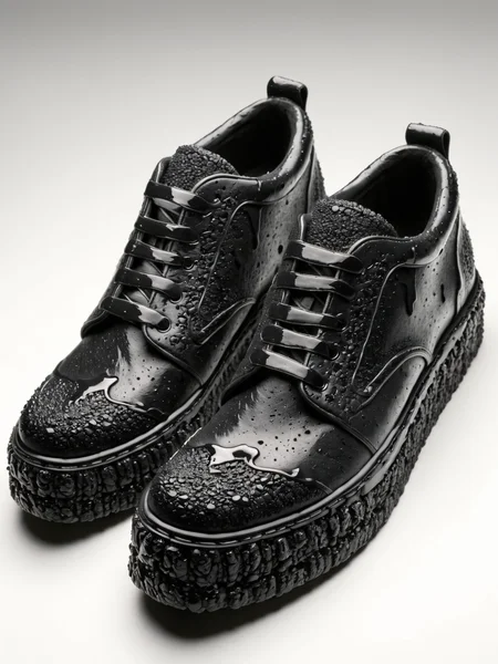 <lora:Fresh_Tarmac_SXDL:1> A pair of shoes made of black ais-tarmac