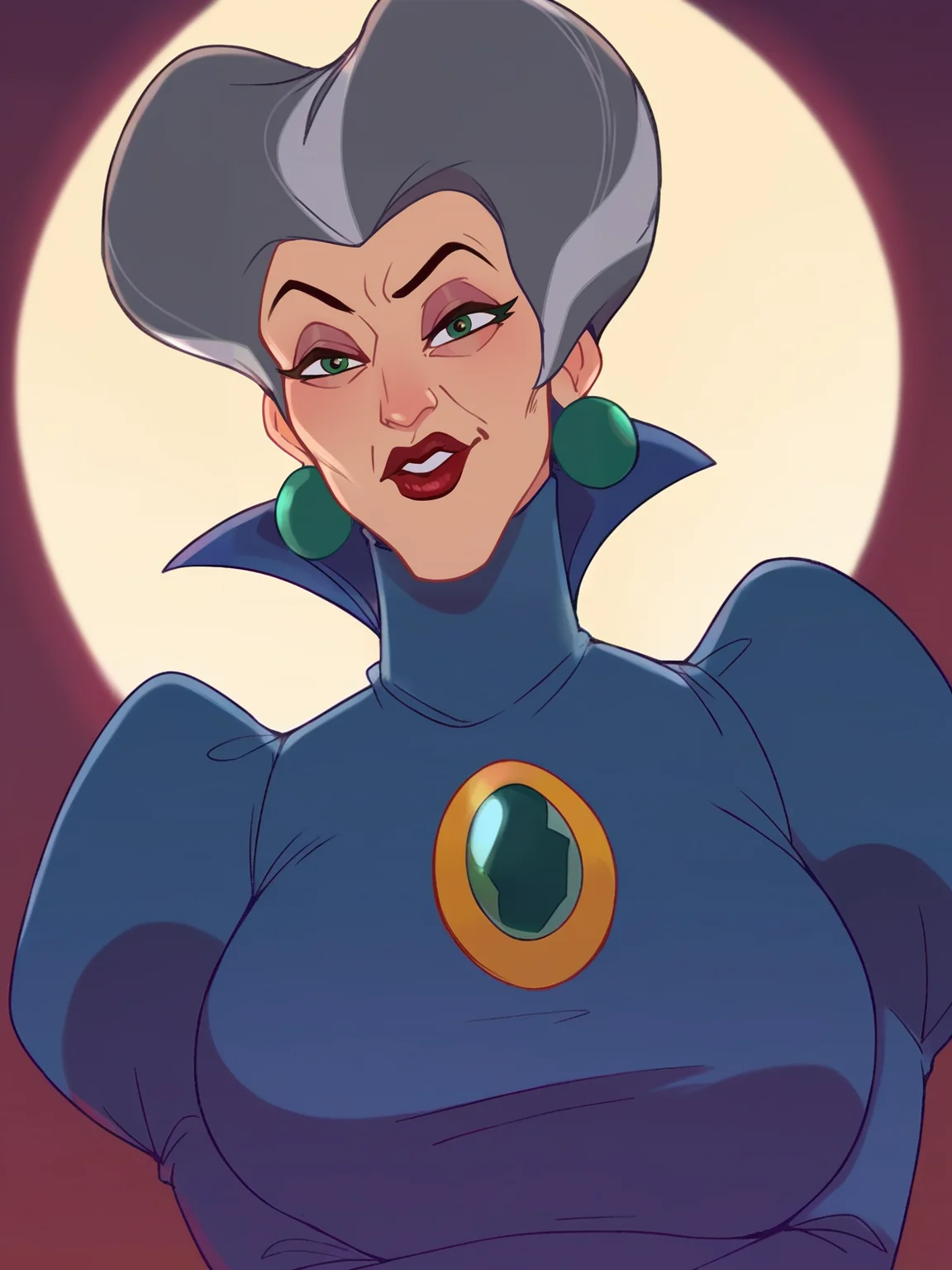 <lora:Lady Tremaine:0.4> l_tr, 1girl, green eyes, gray hair, high heart-shaped pompadour hair, hooked nose, creases on down eyes, red lips, orb-shaped earrings,gown with green gem, high collar, extended sleeves 
 <lora:DJCompsLycoXL:0.9> large breasts, looking at viewer, score_9, score_8_up, score_7_up,
