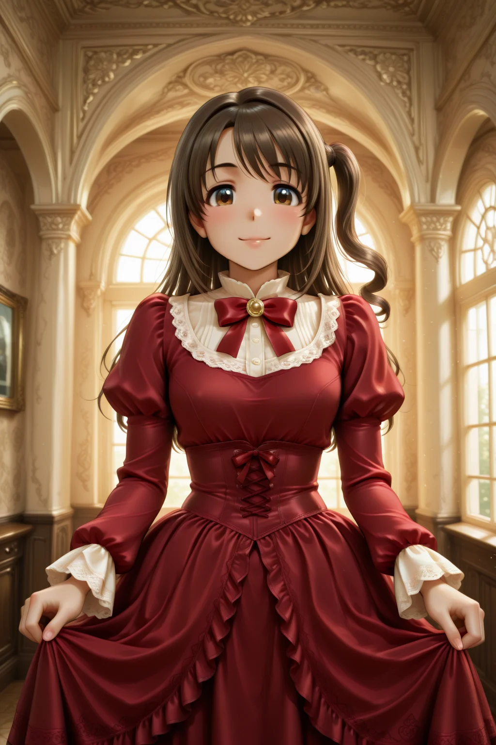 masterpiece, best quality, amazing quality, 1girl, solo, makeup, general, looking at viewer, blush, cowboy shot, smile, indoors, fancy, blush, lovely, from front, mansion, standing, day, room, serene smile, looking at viewer, <lora:Shimamura_Uzuki_cinderella:1>, Shimamura_Uzuki_Cinderella, long hair, brown hair, brown eyes, one side up, half updo, breasts, <lora:Victorian_Whim_Velvet_Dress:1>, Victorian_Whim_Velvet_Dress, long dress, red dress, puffy long sleeves, juliet sleeves, frills, red bow, red ribbon, floral print, cross-laced clothes, corset, <lora:wai-2Rectified-V140:1>, <lora:illustrious_noobai_epsilon_pred_1_masterpieces_v1:1>