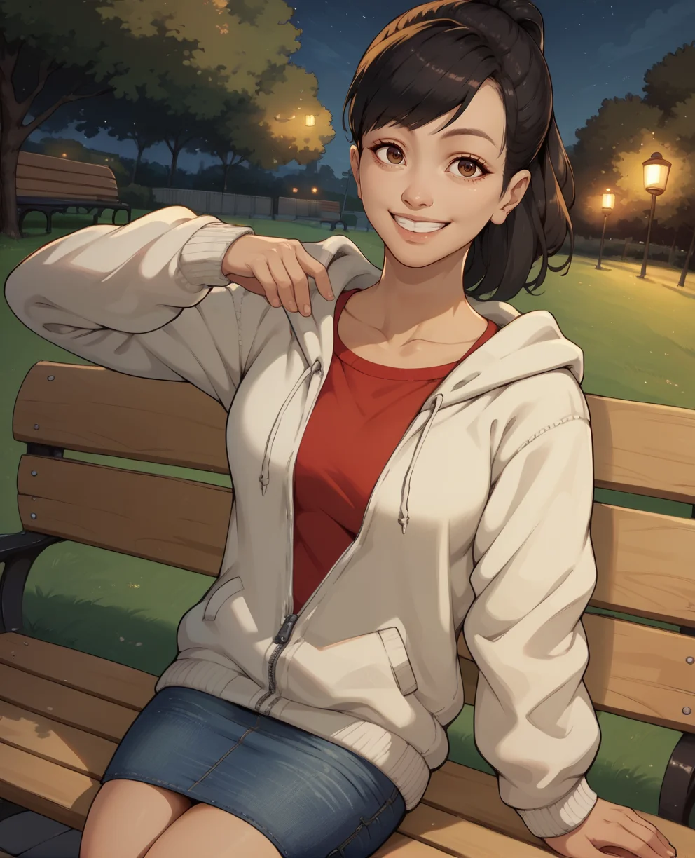 score_9,score_8_up,score_7_up,
harukaxl,brown eyes,black hair,ponytail,
red shirt,white sweater jacket,jean skirt,
sitting,bench,
smile,
outdoors,park,night,
<lora:harukacas:0.8>,