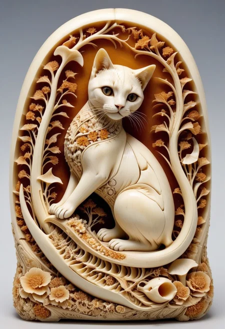 made out of bone carving, scrimshaw, adorable skeletal cat sculpture sitting on a velvet pillow, made entirely of carved bone fragments with floral ivory inlays, scrimshaw details on the skull and spine, glowing eyes made of fossilized amber, a blend of cute and eerie, SDXL, 8k, masterpiece