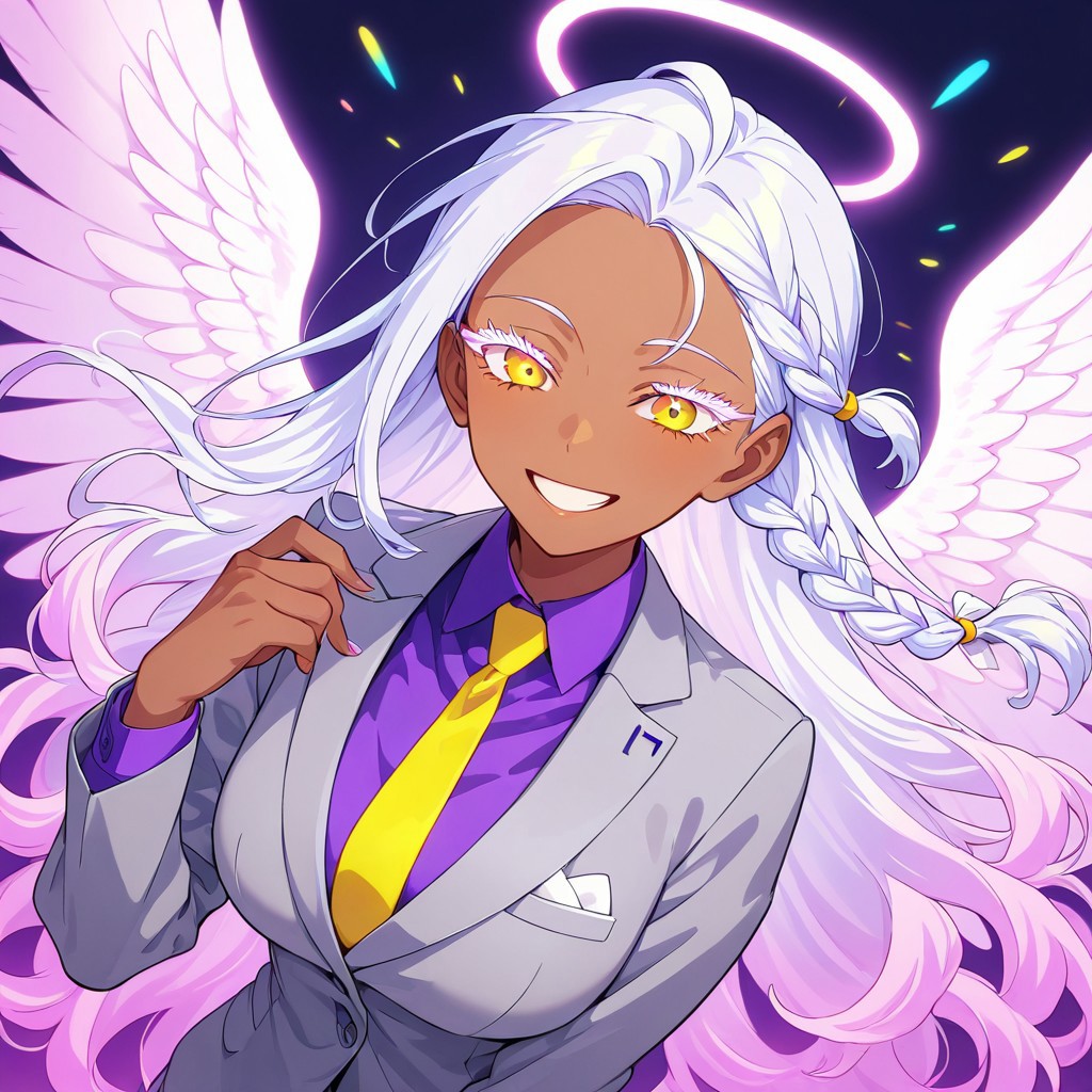 masterpiece, best quality, newest, absurdres, highres, NeoAV1.0, neon lights, ultraviolet light,
1girl, dark skin, dark-skinned female, grey suit, suit official attire, official clothes, nectie, yellow necktie, white hair, long hair, braid, single braid, angel, angel girl, halo, wings, angel wings, smile, happy,