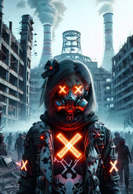 4D render, Chernobyl disaster, nuclear , Apocalypse,girl, detailed face, portrait, glowing x, minimalist outfit, anti social , ,cyberpunkartstyle,ruined ancient city,Professional styling, intricate details,8k post production, faithful, Religious denomination,