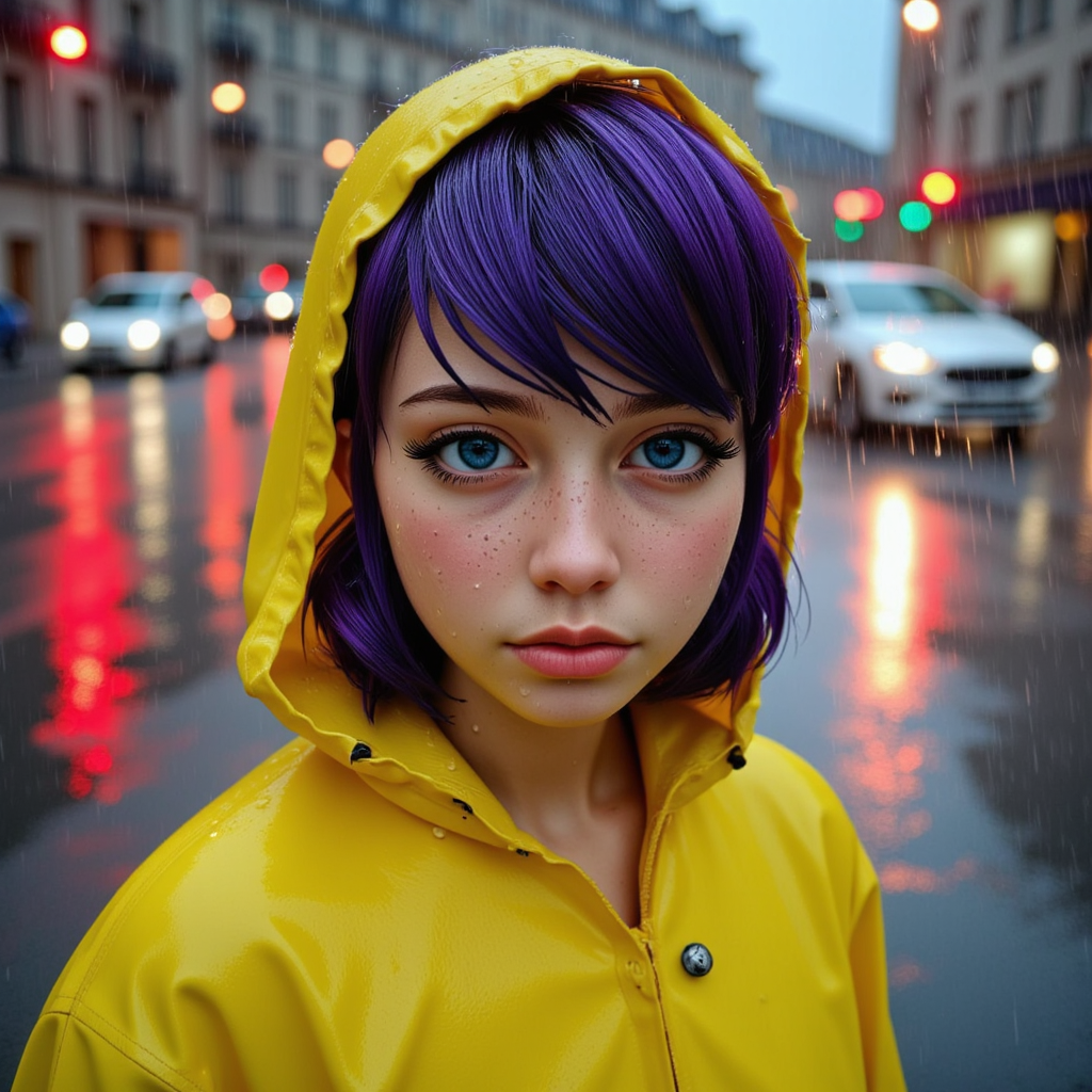 "photograph of Marinette, a girl with purple hair, dressed in a yellow plastic raincoat in the rain. her face is completely wet, drops of water fall on her face.\nthe setting is a city in the evening under a storm, heavy rain, traffic lights, wet and reflective asphalt. the girl has a sad and sad expression, a fixed and lost gaze.\nlow-resolution photo, shot on a mobile phone, amateurish photo, low lighting, noticeable graininess, no visible JPEG artifacts, some lens flare from the lights in the background, smeared background." Marinette:0.7><Rain_Wetlook:0.7><Flux_Skin_Detailer:0.5><UltraRealPhoto:0.9>