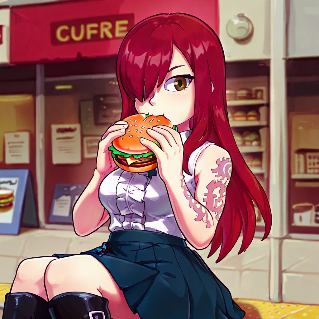 1girl,holding food,solo,burger,eating,blurry background,looking at viewer,upper body, brown eyes, red hair, long hair, hair over one eye, white shirt, sleeveless shirt, center frills, arm tattoo, blue skirt, pleated skirt, black footwear, knee boots,