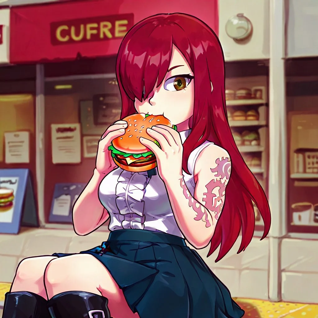1girl,holding food,solo,burger,eating,blurry background,looking at viewer,upper body, brown eyes, red hair, long hair, hair over one eye, white shirt, sleeveless shirt, center frills, arm tattoo, blue skirt, pleated skirt, black footwear, knee boots,