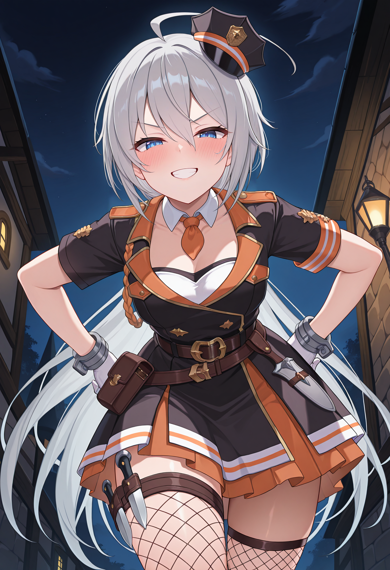 highres, best quality, masterpiece, outdoors, night, halloween, medieval, lights,
1girl, solo, pcrtomo, very long hair, ahoge, blue eyes, hair between eyes, blue eyes,
ptomohal, grey hair, police hat, minihat, black headwear, police uniform, military uniform, detached collar, orange necktie, white shirt, black dress, belt, white gloves, orange skirt, pleated skirt, belt pouch, fishnet thighhigh, single thighhigh, knife, thigh strap, cuffs,
looking at viewer, blush, smile,
leaning forward, half-closed eyes, v-shaped eyebrows, standing, hand on own hip, teeth, from below,
<lora:_tomo_pcr-elesico-ilxl-000013:1>
