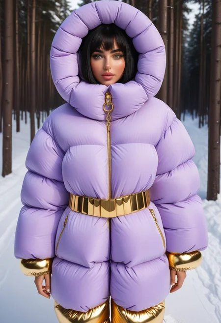 ((((puffer padded jacket)))), ((((puffer padded coat)))), ((((full body)))), ((((fur boots)))), ((((puffer pants)))), ((((puffer hood up)))), winter, snow, forest, 1girl, solo, (masterpiece), detailed face, detailed eyes, (beautiful detailed eyes:1.5), sidelighting, (super detail, hyper detail, intricate_details, detailed), (semi realistic:1.6), (Bob cut), blunt bangs,(black hair), (purple eyes, eyelashs), tanned skin, smug smile, angry face, Golden jewelery, golden rings, golden necklace, golden armlets, golden chains, padded cuffs, padded collar, Thick padded cuffs, Thick padded collar, <lora:Collar-SDXL:0.6>, <lora:Cuffs-SDXL:0.6>, <lora:Puffer_Jacket_and_Down_Jacket_-_Extra_Puffy_Jackets:0.4>, <lora:snowpants_v1:0.4>