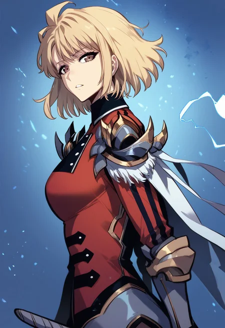 zPDXL3, score_9_up, score_8_up, score_7_up, (Anime_source), 1girl, ChaHae-In, brown eyes, blonde hair, short hair, Red S-rank clothes, armor, from side, parted lips , cowboy shot, looking at viewer, particles, floating hair, aura