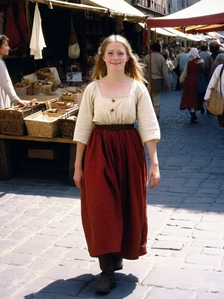 Analog photo of a woman looking like Christine_Duffy_P_MXAI_SDXL wearing a medieval peasant dress, walking through a medieval city market
