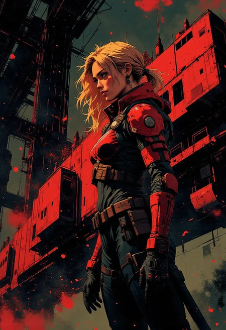 In the style of ff-td, nistyle, Silhouette Art, magnificent, inksplash double exposure, crisp lines, Capital spaceship cruiser (crimson and black) below closeup portrait of stunning japanese sci-fi space pirate, blonde loose hair, red and black power armour, directional lighting, dark background
