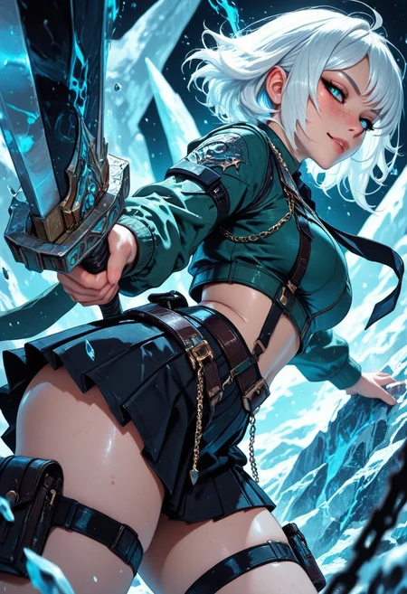 highres, very detailed, amazing quality, masterpiece,
very aesthetic,
particle effect,
1girl, detailed face, freckles, holding sword, oversized weapon, engraved, chains, fusion, green jacket, belts, black tie, black skirt, pleated skirt, jacket, midriff, puches, thigh pouch, white hair, 
looking at viewer, curvy, seductive smile,
action pose, dynamic angle, dynamic pose, 
Dragons, dragon ice breath, 
Close up, depth of field, ray_tracing, cowboy shot, motion blur, foreshortening, cyberspace, surreal, very aesthetic, glacier,