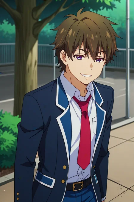 score_9, score_8_up, score_7_up,source_anime,BREAK, rating_safe, intricate details , , , anime screencap, anime coloring, official style, depth of field,1boy, solo, male focus , , ,  <lora:wataru:0.88>,wataru sajo,dark brown hair,purple eyes,short hair,smile, shirt, jacket, school uniform, white shirt,upper body,blue pants,one eyes closed,open clothes,belt,teeth, necktie,collared shirt, open jacket,grin,blazer,red necktie,looking at viewer,outdoors,tree,street,from above,meme , , ,<lora:sdxl_lightning_8step_lora_315544:1>