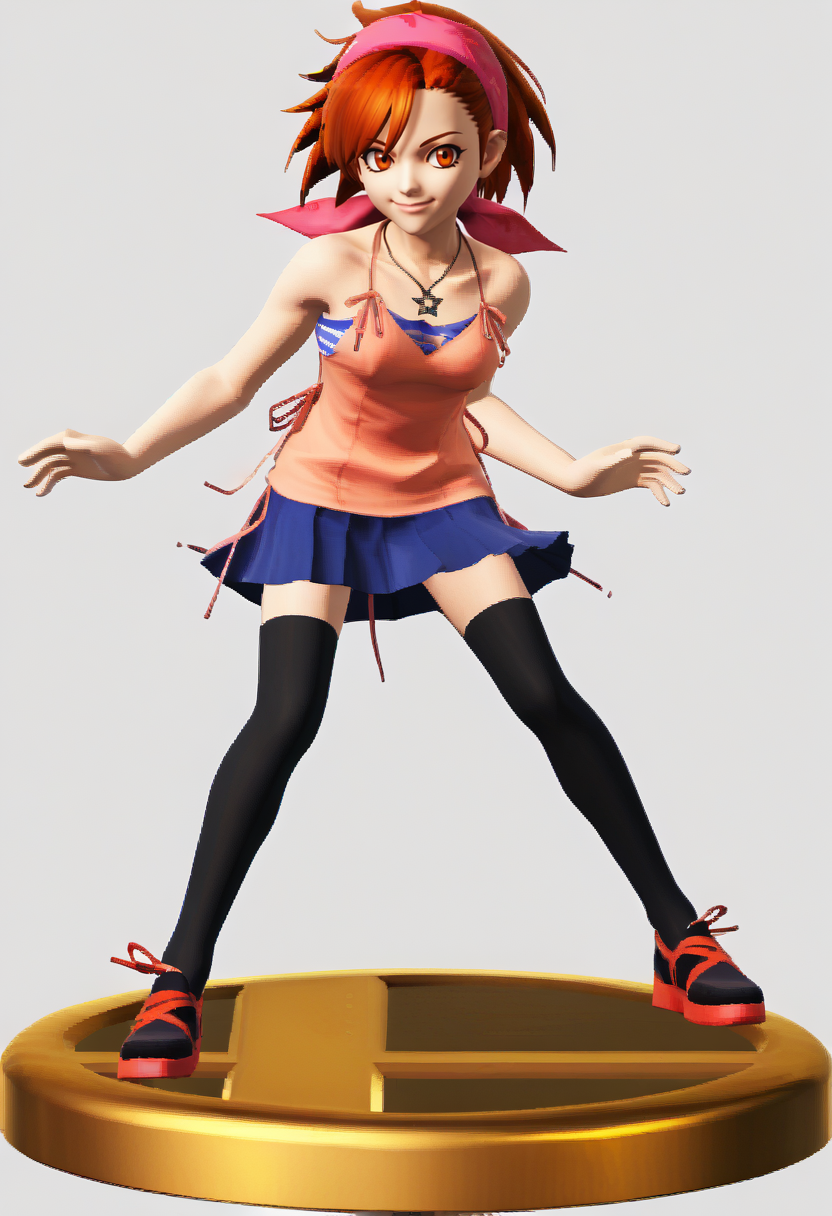 score_9, score_8_up, score_7_up, source_anime, 1girl, solo, 
<lora:zs_SmashTrophiesXL:1> smashtrophies, faux figurine, 3d, full body, white background
 <lora:Yuzu-pdxl_Fp:1> yuzudesu, orange hair, orange eyes, short hair, bandana, camisole, tube top, necklace, black thighhighs, skirt, standing, smile