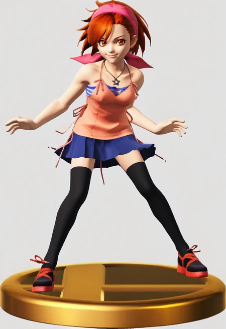 score_9, score_8_up, score_7_up, source_anime, 1girl, solo,
<lora:zs_SmashTrophiesXL:1> smashtrophies, faux figurine, 3d, full body, white background
<lora:Yuzu-pdxl_Fp:1> yuzudesu, orange hair, orange eyes, short hair, bandana, camisole, tube top, necklace, black thighhighs, skirt, standing, smile