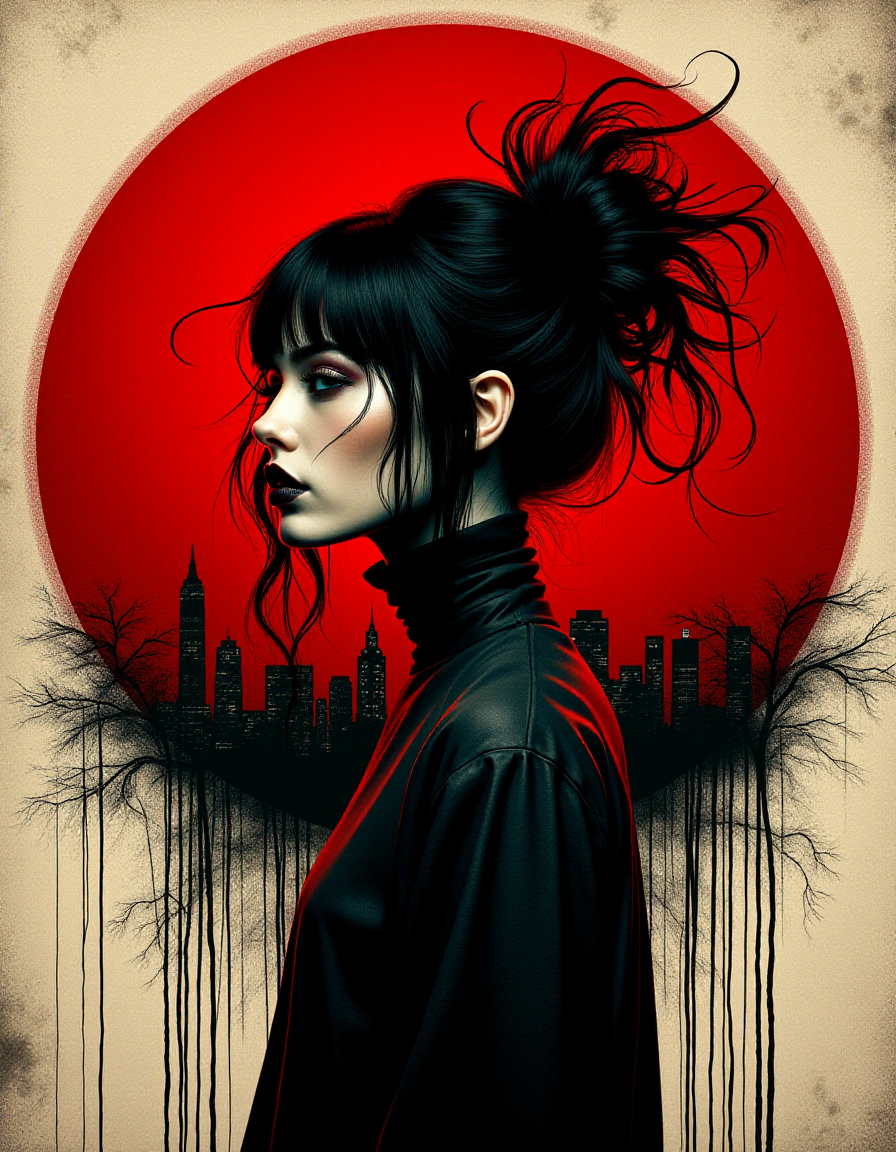 ral-ertmsphr otclillsn carcosa city, cybersecurity meme, data flows, dynamic movement, bleaked red and black, a Vintage casual goddess inside of circle, looking curious, By Yoji Shinkawa <lora:ral-ertmsphr_flux:1> ral-ertmsphr